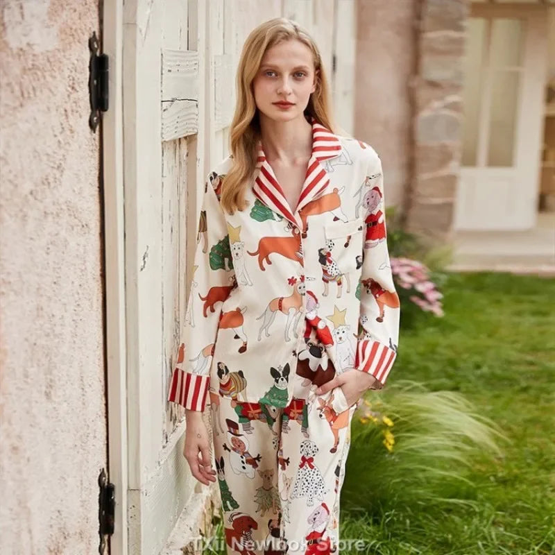 Elegant Pajama Set for Women – Long Sleeve Lapel Home Suit for Spring & Summer