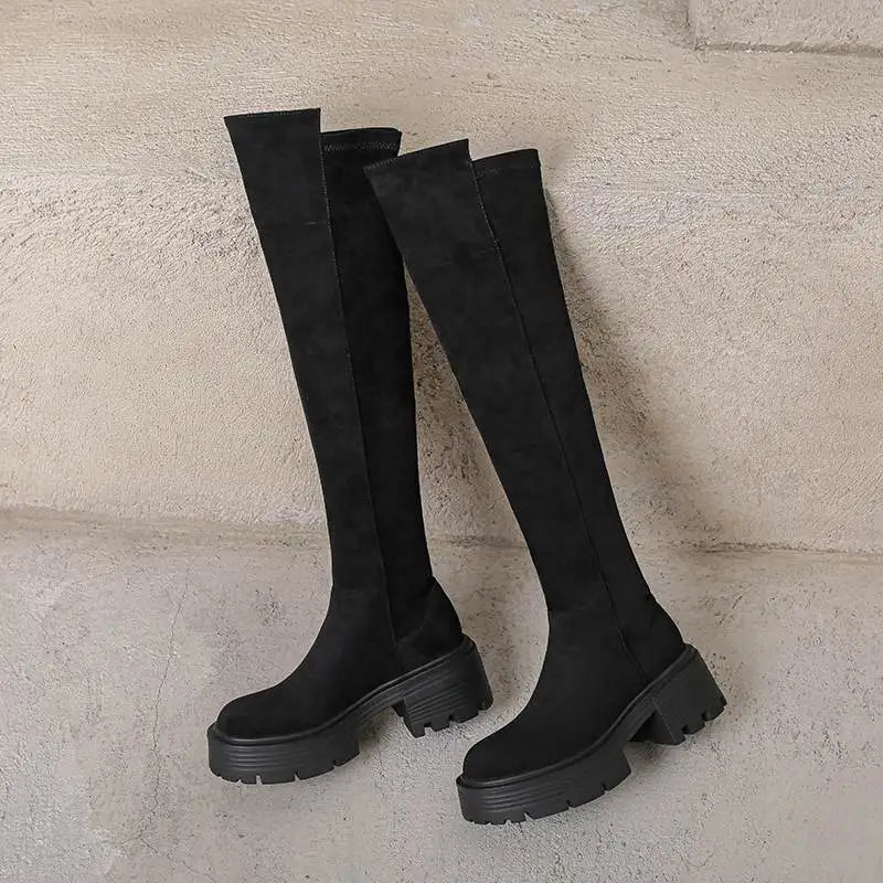 Flock Stretch Over-the-Knee Boots – Slip-On, Round Toe, Chunky High Heels, Elegant Modern Platform Style