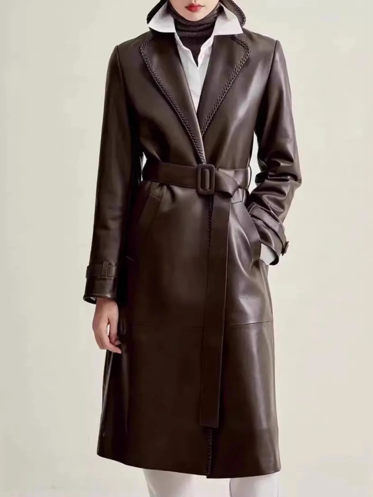 Women's Genuine Leather Trench Coat Lace-Up Long Slim Fit Spring Autumn Sheepskin Top