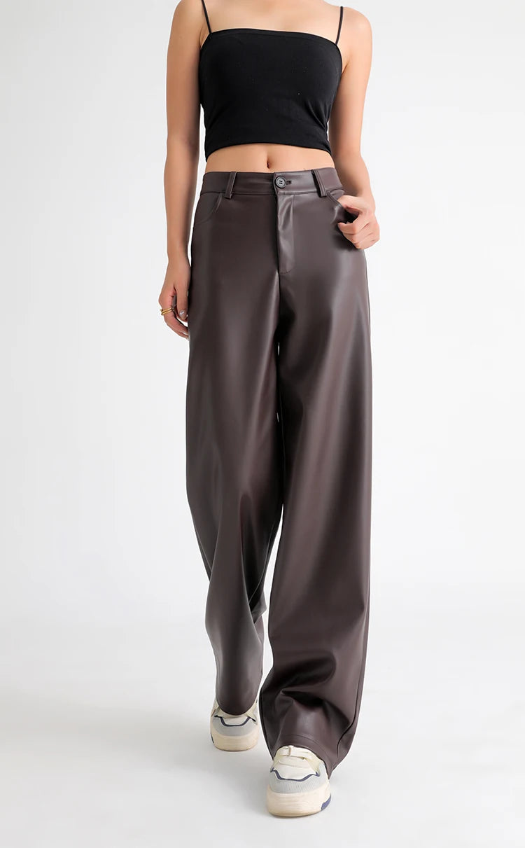 Fall Winter Fleece Loose Wide Leg Warm Leather Pants Women Button Pocket High Waist Thick PU Casual Straight Pants