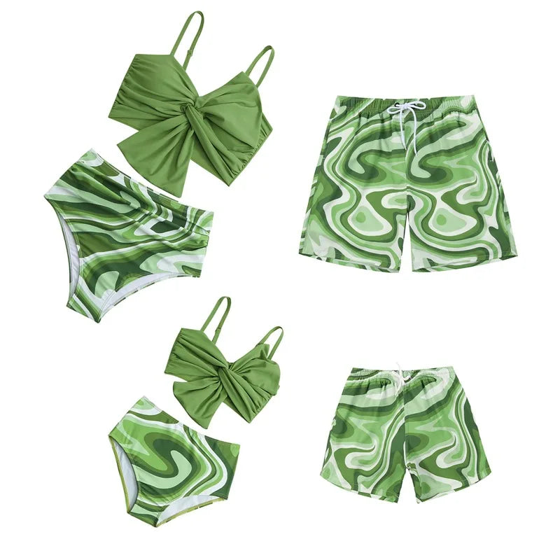 Leaf Print Swimwear Family Matching Outfits Look Mother Daughter Bikini Swimsuits Mommy and Me Clothes Dad Son Swimming Trunks
