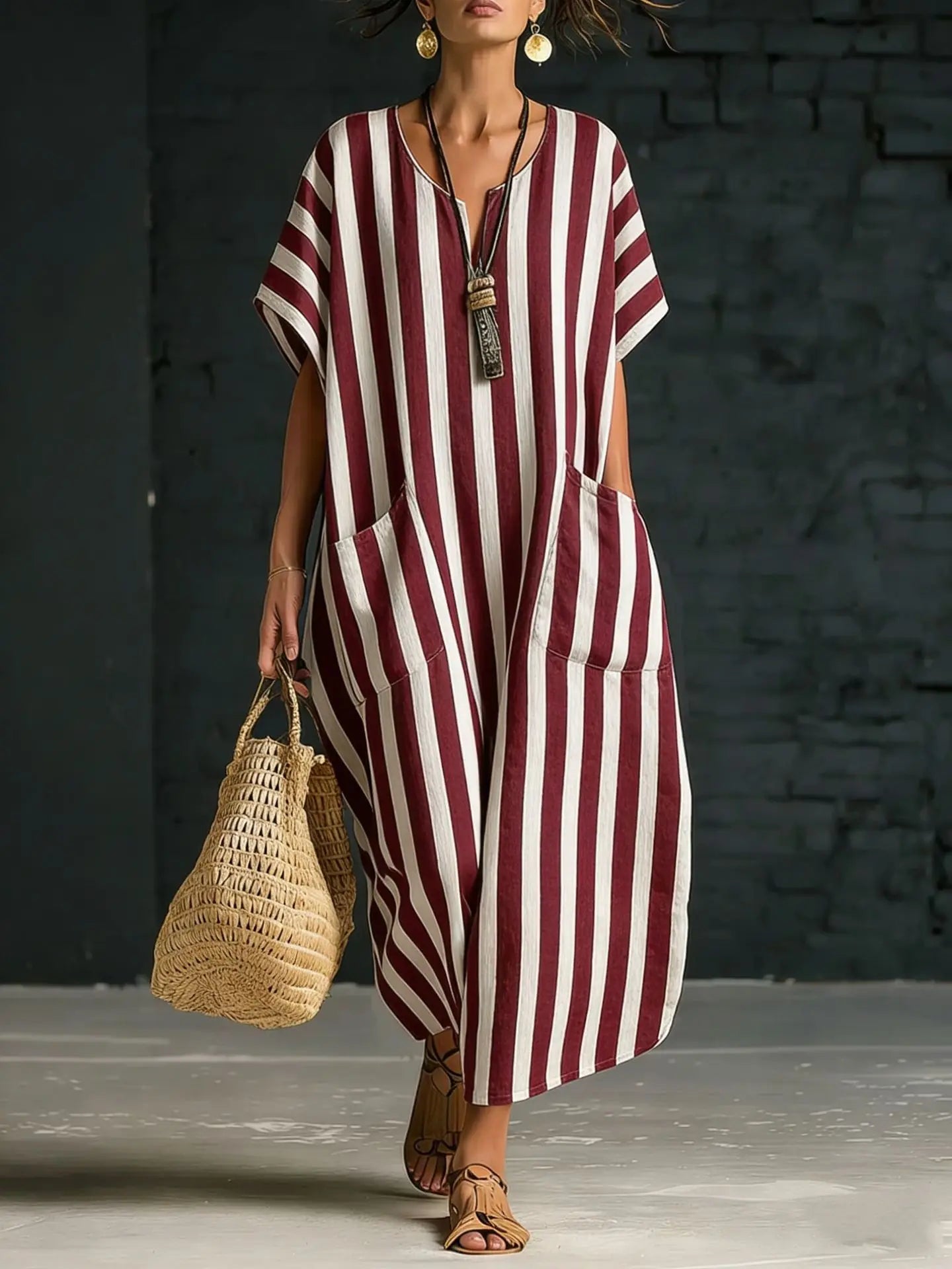 Striped V-Neck Loose Casual Summer Dress