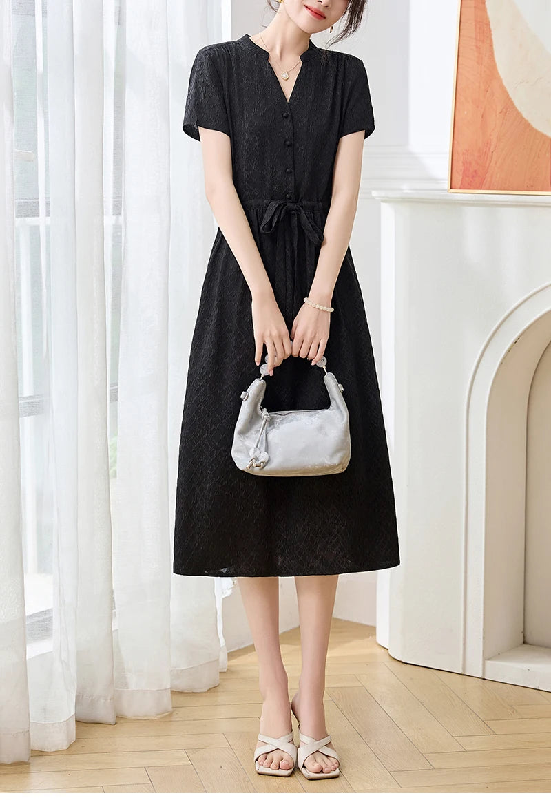 19 Momme Real Silk Elegant Fashion Dresses For Women 2026 Summer V-neck Short Sleeve Drawstring Office Lady Long Dress A-line
