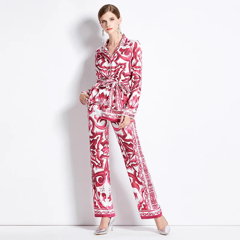 Autumn Women’s Porcelain Print Pantsuit – Red, Blue & White Notched Blouse with Belt + Wide-Leg Trousers Set