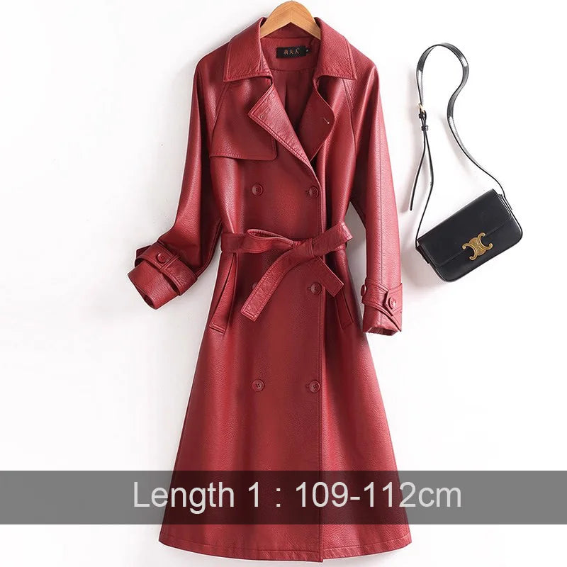 Product Title: Elegant Women'sSplit Leather Trench Coat  –  Double Breasted Slim Fit with Belt, Long Turn-Down Collar Coat for Autumn/Winter