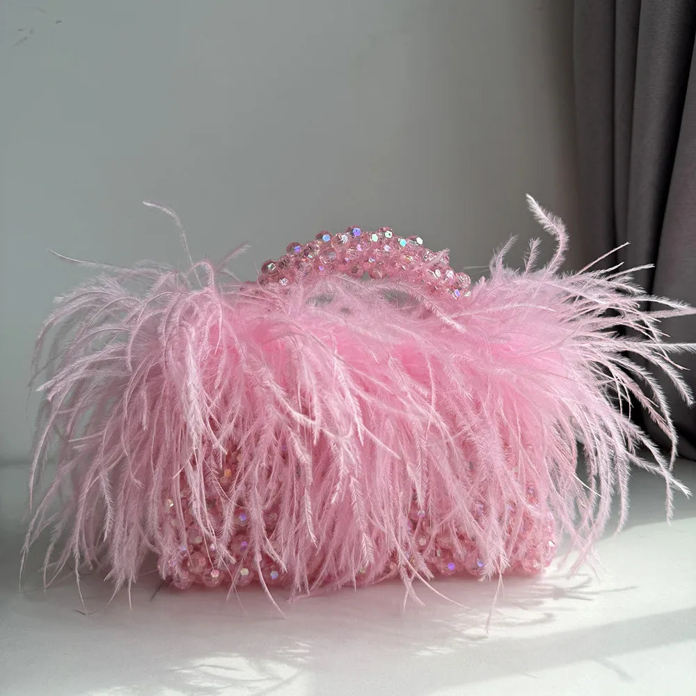 Pearl Bead Bag with Feather Fur – Handmade Designer Acrylic Crystal Stone Evening Tote for Women