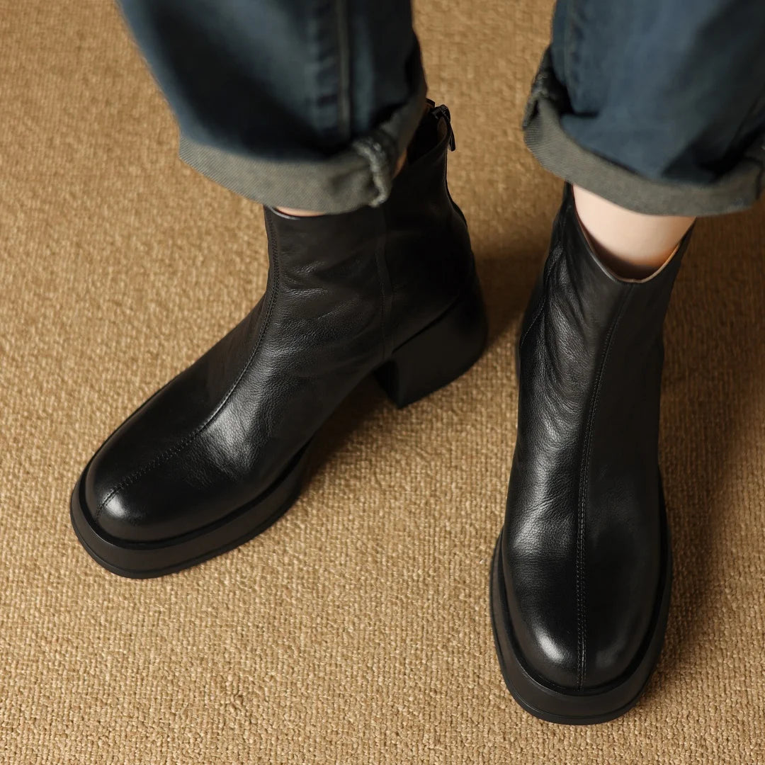 Women’s Genuine Cow Leather Chunky Heel Platform Ankle Boots – High-Quality, Soft, and Comfortable Punk-Style Short Boots with Back Zipper for Autumn