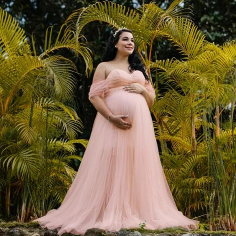 Elegant Off-Shoulder Lace Maternity Dress - Long Maxi Gown for Photoshoots & Photography Props