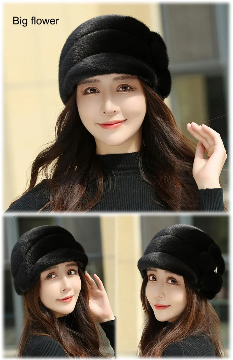 Russian Fur Hat Winter Warm Natural Mink Fur Hats for Women Classic Luxury Caps Earflap Christmas Hat Luxury Lady Real Mink Hat