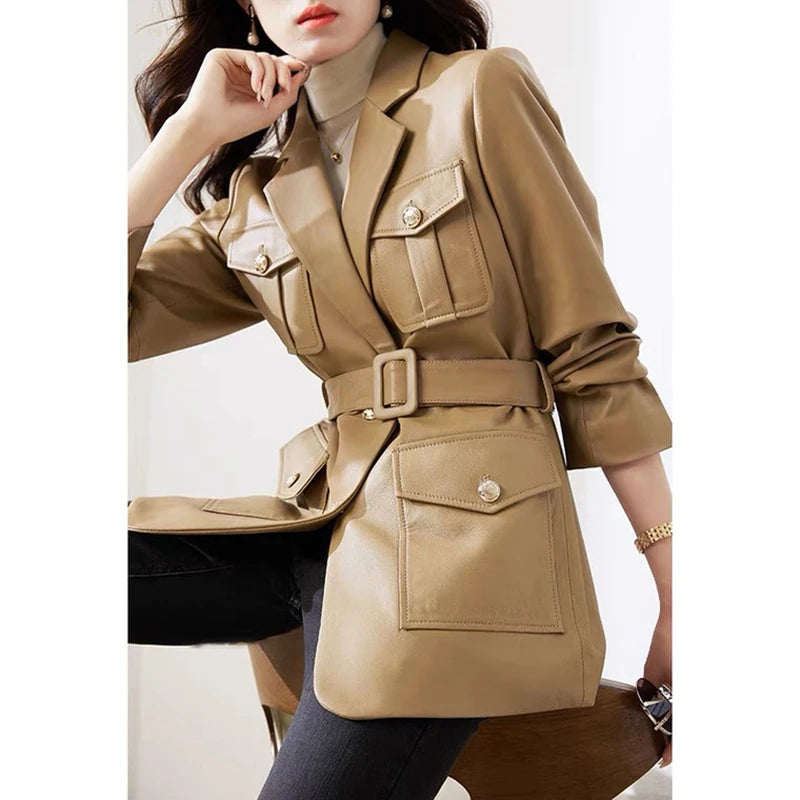 Women’s Genuine Sheepskin Leather Coat – Retro Belted Mid-Length Jacket with Gold Buckle, Suit Collar & Cargo Pockets - HER SHOP