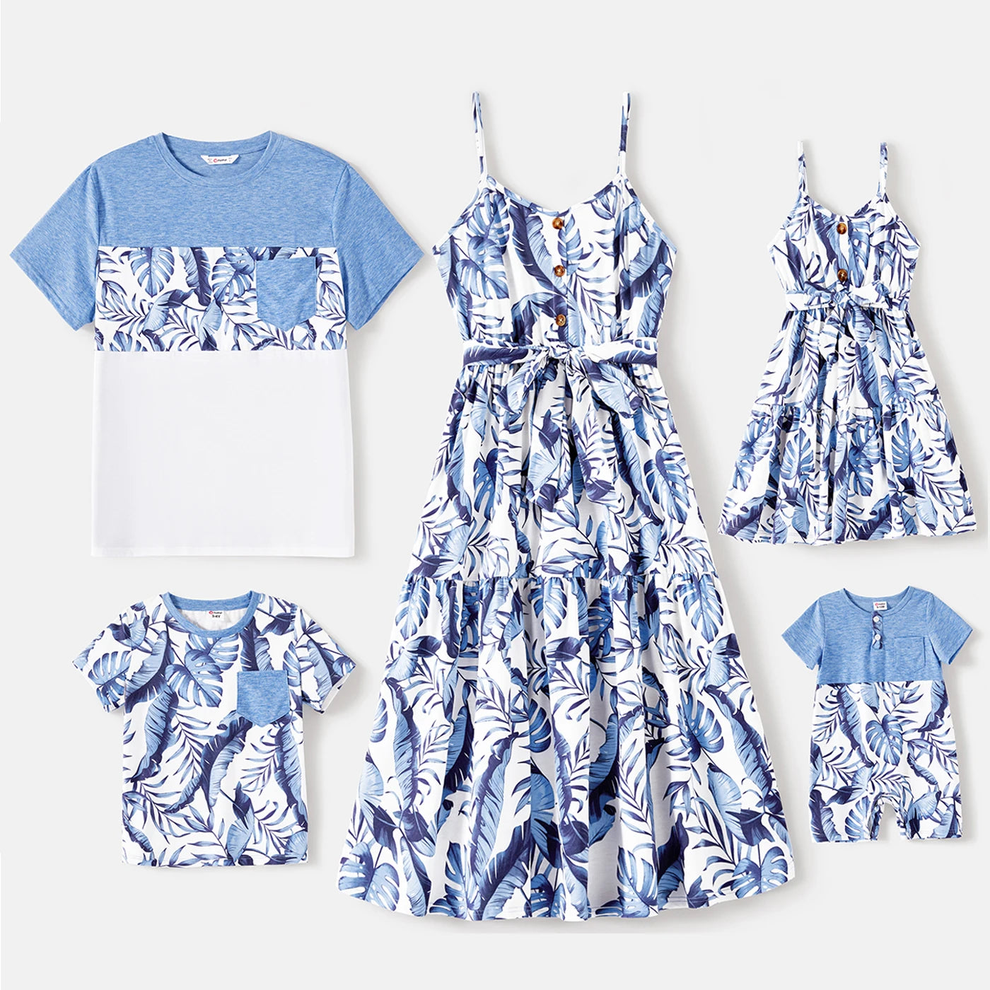 PatPat Family Matching Outfits Naia Blue Floral Tee Button Ruffle Hem Strap Dress - HER SHOP