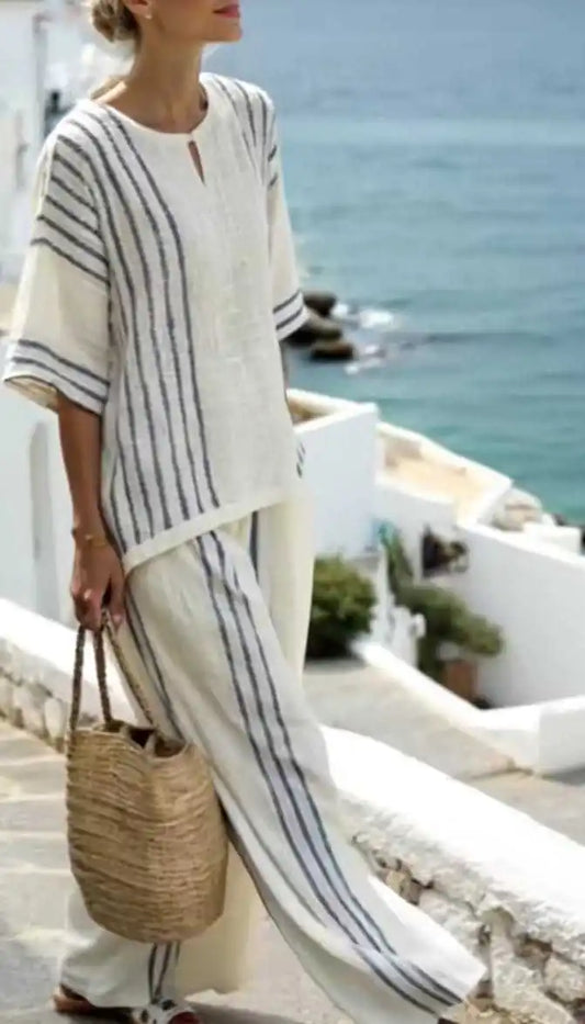 Women’s Cotton Linen Striped Two-Piece Set – Short Sleeve Pullover Top & High Waist Wide Leg Pants, Spring/Summer Outfit - HER SHOP