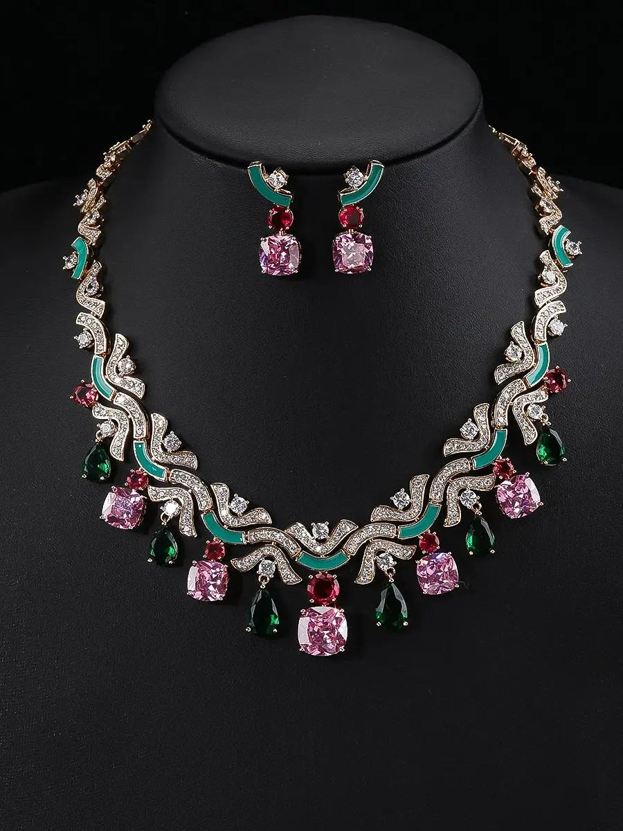 Luxury Cubic Zirconia Jewelry Set White & Green Earrings and Necklace for Women | Bridal Wedding Jewelry Set