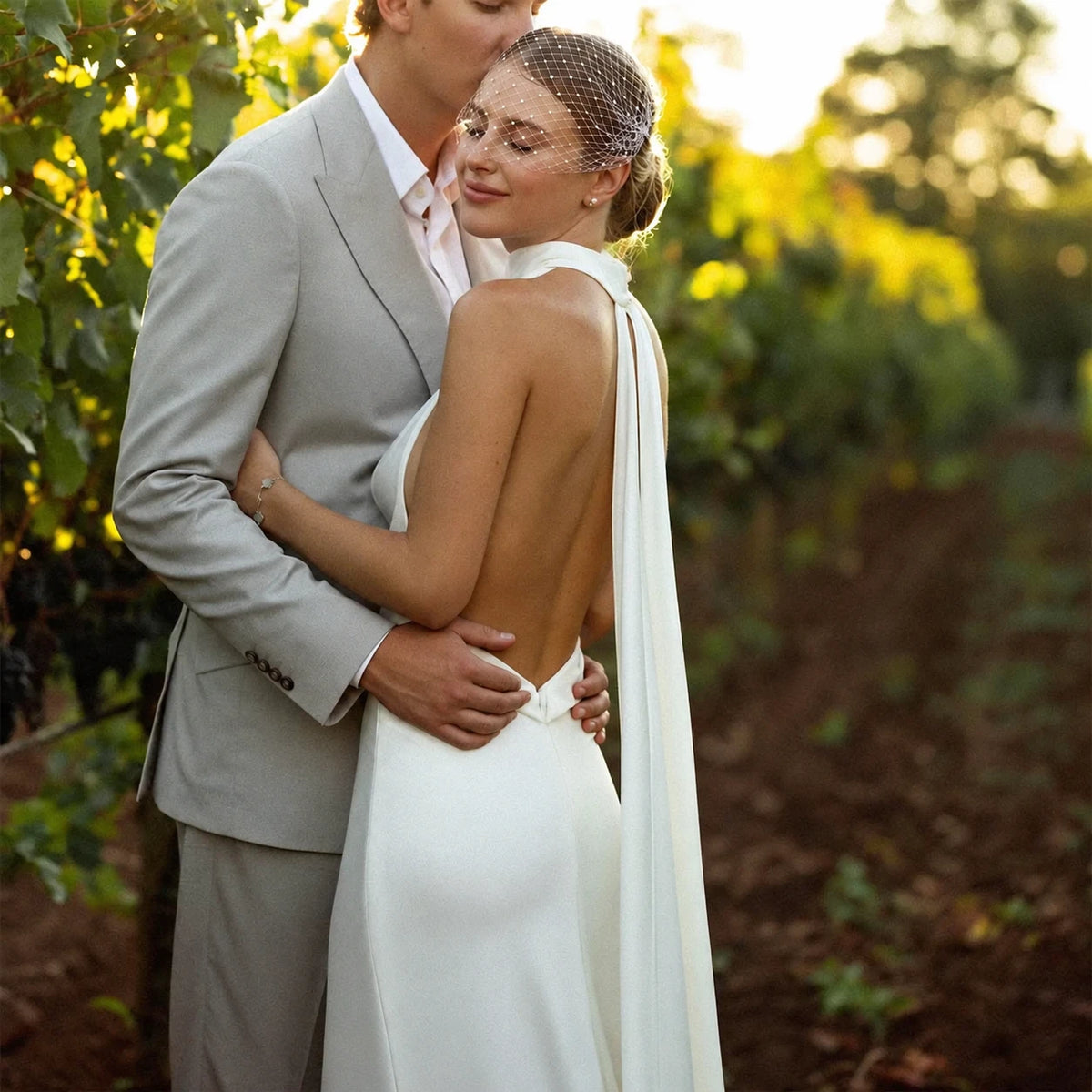 Simple V-Neck Halter Mermaid Crepe Wedding Dress – Bohemian Backless & Sweep Train — wedding dress product photograph 5