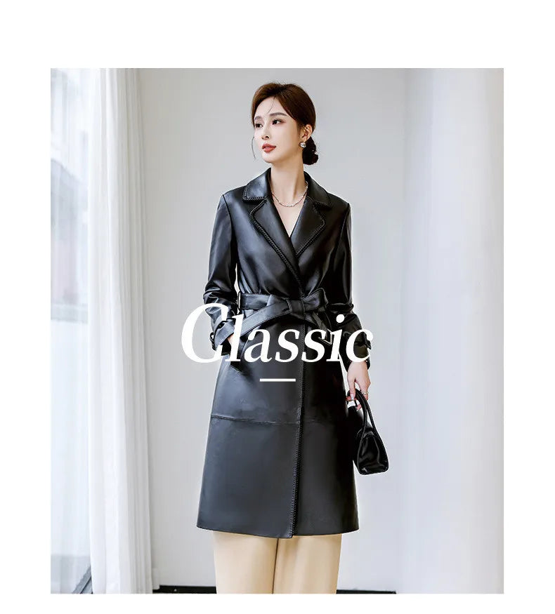 Women's Genuine Leather Trench Coat Lace-Up Long Slim Fit Spring Autumn Sheepskin Top