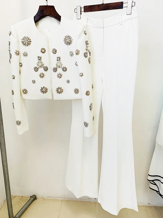 HIGH STREET Newest Fashion Designer Suit Set Women's Pearls Diamonds Rhinestone Beaded Trimed Jacket Flare Slit Pants Suit - HER SHOP