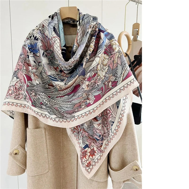 Women’s Large Square Wool & Silk Blanket Scarf – Double-Sided Printed Shawl Cape, 130×130cm