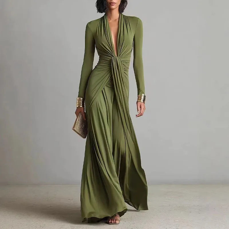 Women's Elegant Deep V-Neck Twist Knot Maxi Dress â€“ Long Sleeve Ruched Evening Gown