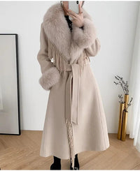 Women's Real Fur Winter Coat - Cashmere Wool Blend Jacket with Fox Fur Collar, Long Tassel Design, Streetwear Outerwear