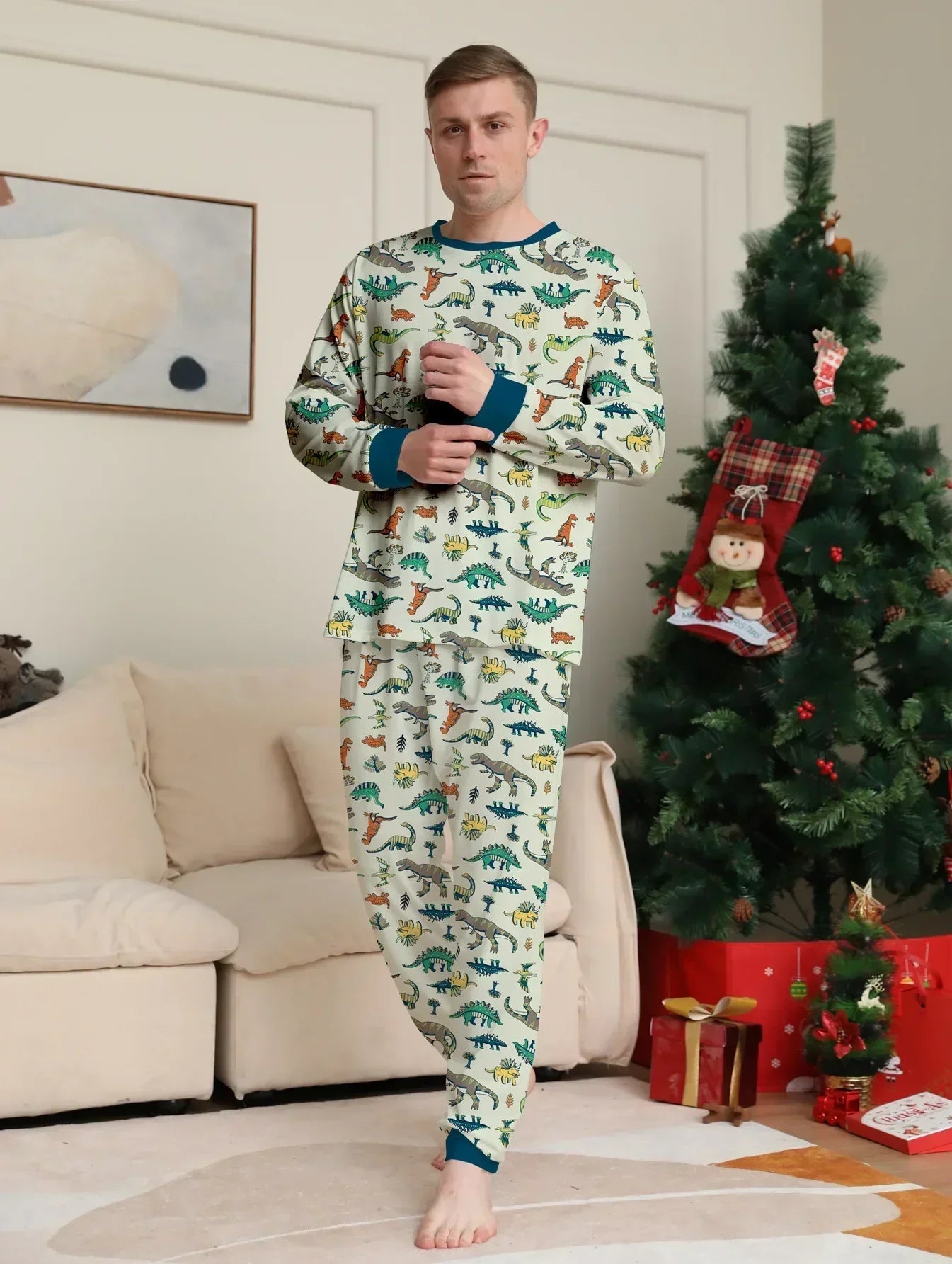 New 2025 Christmas Matching Outfits Dinosaur All Over Print Pajamas Set Mom Dad Kids 2 Pieces Suit Baby Romper Xmas Family Look