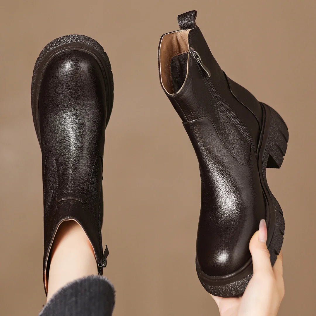 Women’s Genuine Sheepskin Ankle Boots with Side Zip – Round Toe, Soft Comfort, Thick Sole Casual Boots for Autumn