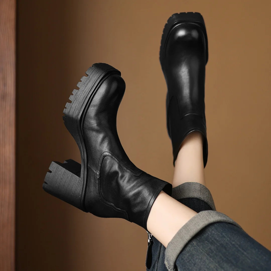Women’s Genuine Leather Platform Ankle Boots with Chunky Heel – Round Toe Back Zip Punk Booties (8.5cm)