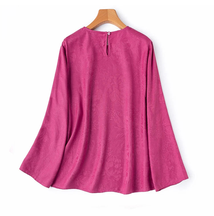 70% Mulberry Silk Cotton Jacquard Blouse – Women’s Hot Pink Long Sleeve Pullover Top