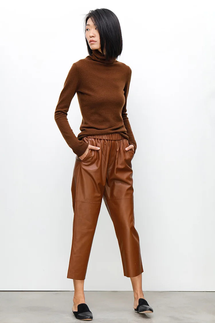 Women’s Genuine Sheepskin Leather Pants – High Waist Straight Fit Ankle-Length Trousers
