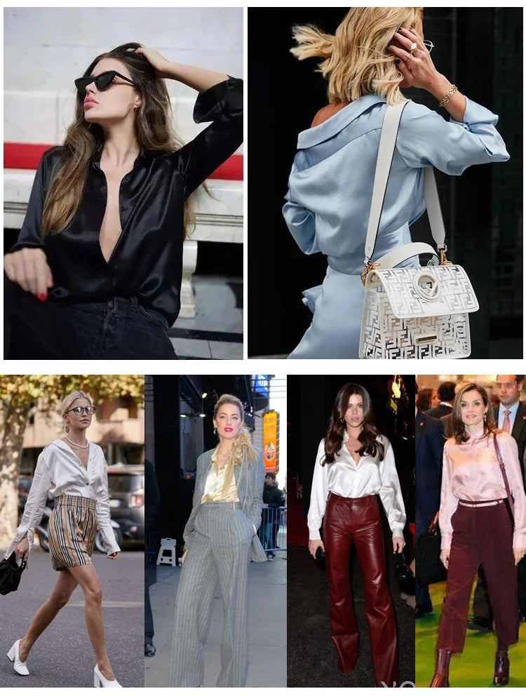 Women's 93% Mulberry Silk 7% Spandex 19 momme satin Silk Buttons down long sleeve shirt Top Blouse office work M L XL MM161