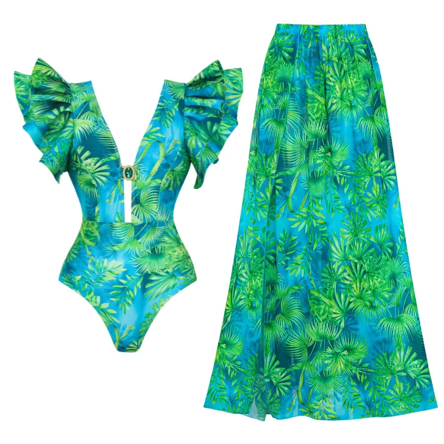 Jungle Green Deep V One-Piece Swimsuit with Skirt