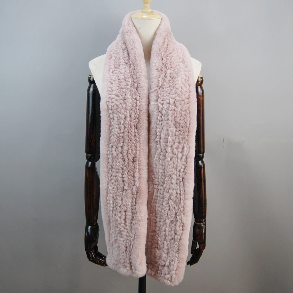 Long Style Genuine Rex Rabbit Fur Scarf– Women's Winter Knitted Ring Scarf & Luxury Muffler