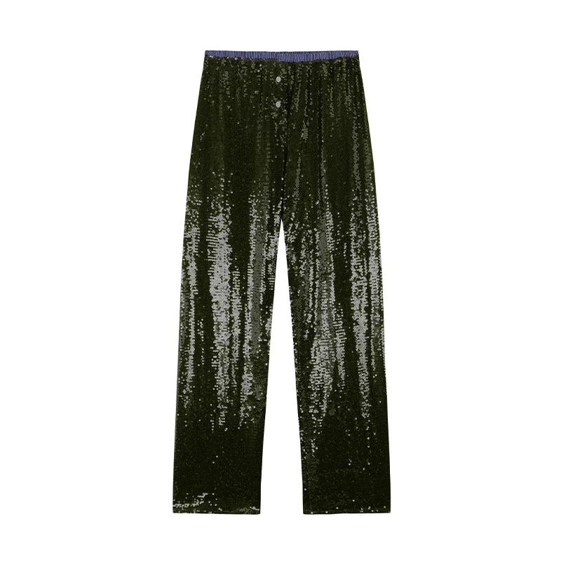 Women’s Premium Sequined Splicing Straight-Leg Pants – High-Waist Casual Commuter Trousers