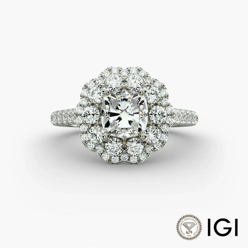 Luxury Cushion-Cut Diamond Engagement Ring | Custom K Gold Double Halo Lab-Grown Diamond with Half-Band Pavé Design