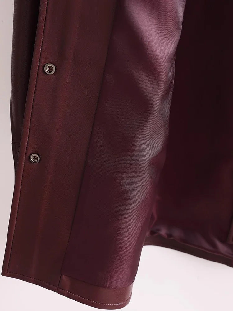 Women’s Split Leather Long Coat – Turn-Down Collar, Single-Breasted Casual Outerwear for Spring & Autumn