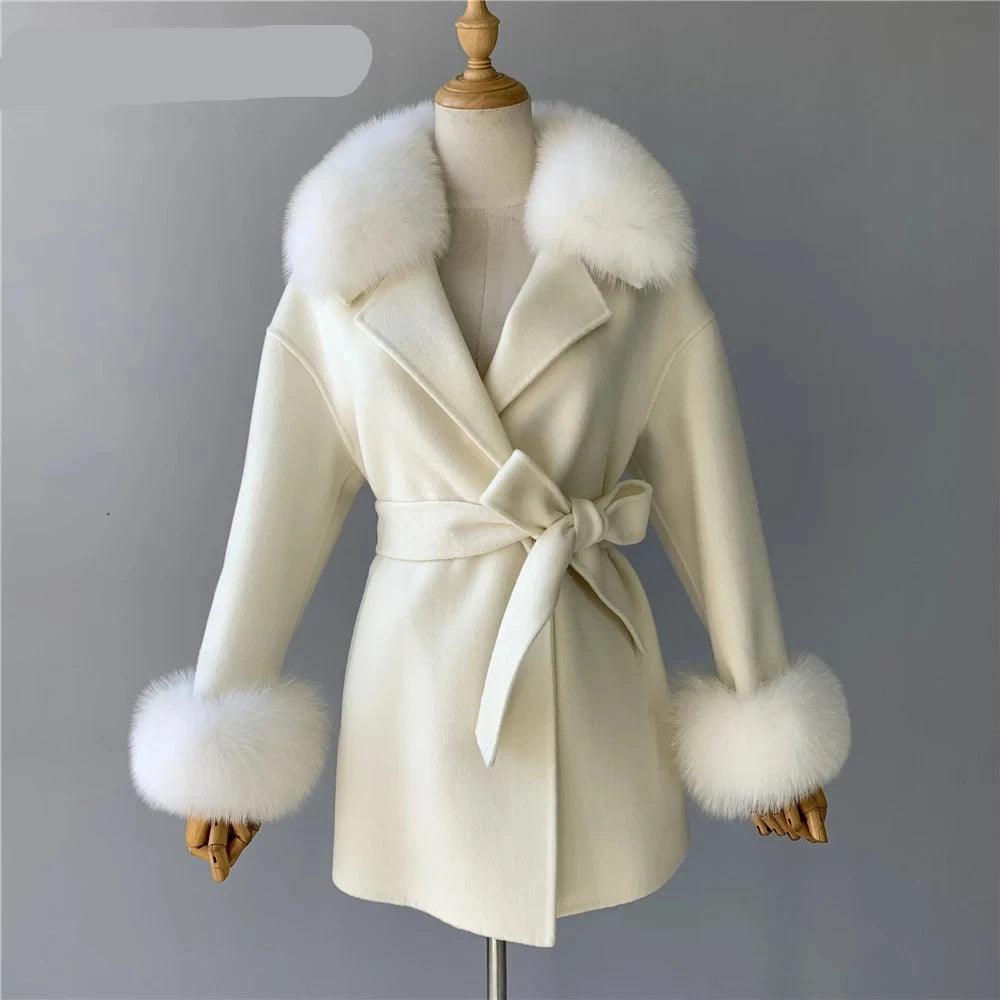 Women's Wool Coat with Real Fur - Elegant Medium-Length Cashmere Blend Coat for Autumn/Winter Fashion