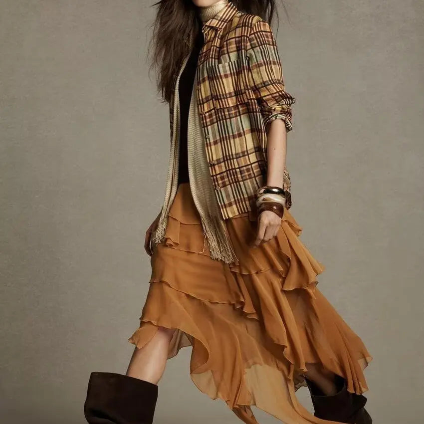 Spring New Women’s Fashionable Linen Plaid Shirt – Loose Fit French Style, Polyester Fiber, Long Sleeve, Non-Shrink - HER SHOP