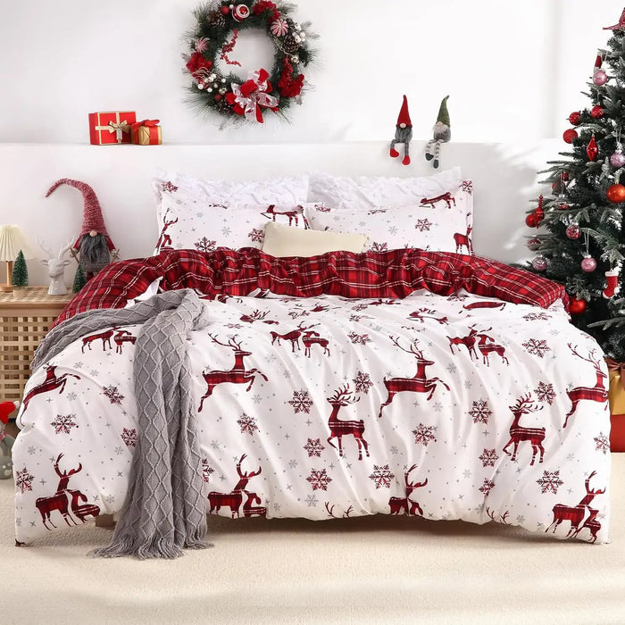 Merry Christmas Duvet Cover Set – Red Bedding with Elk and Snowflake Design, Perfect for Holiday Bedroom Décor and New Year Gifts