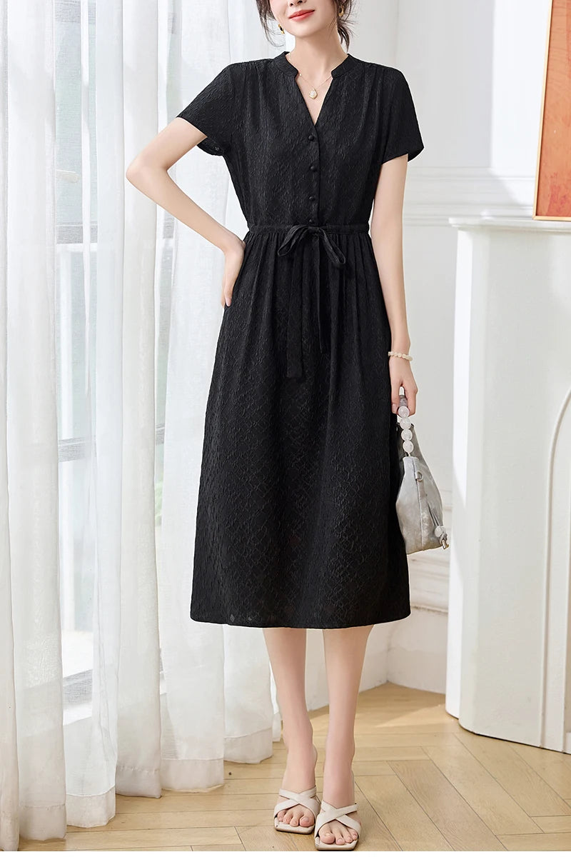 19 Momme Real Silk Elegant Fashion Dresses For Women 2026 Summer V-neck Short Sleeve Drawstring Office Lady Long Dress A-line