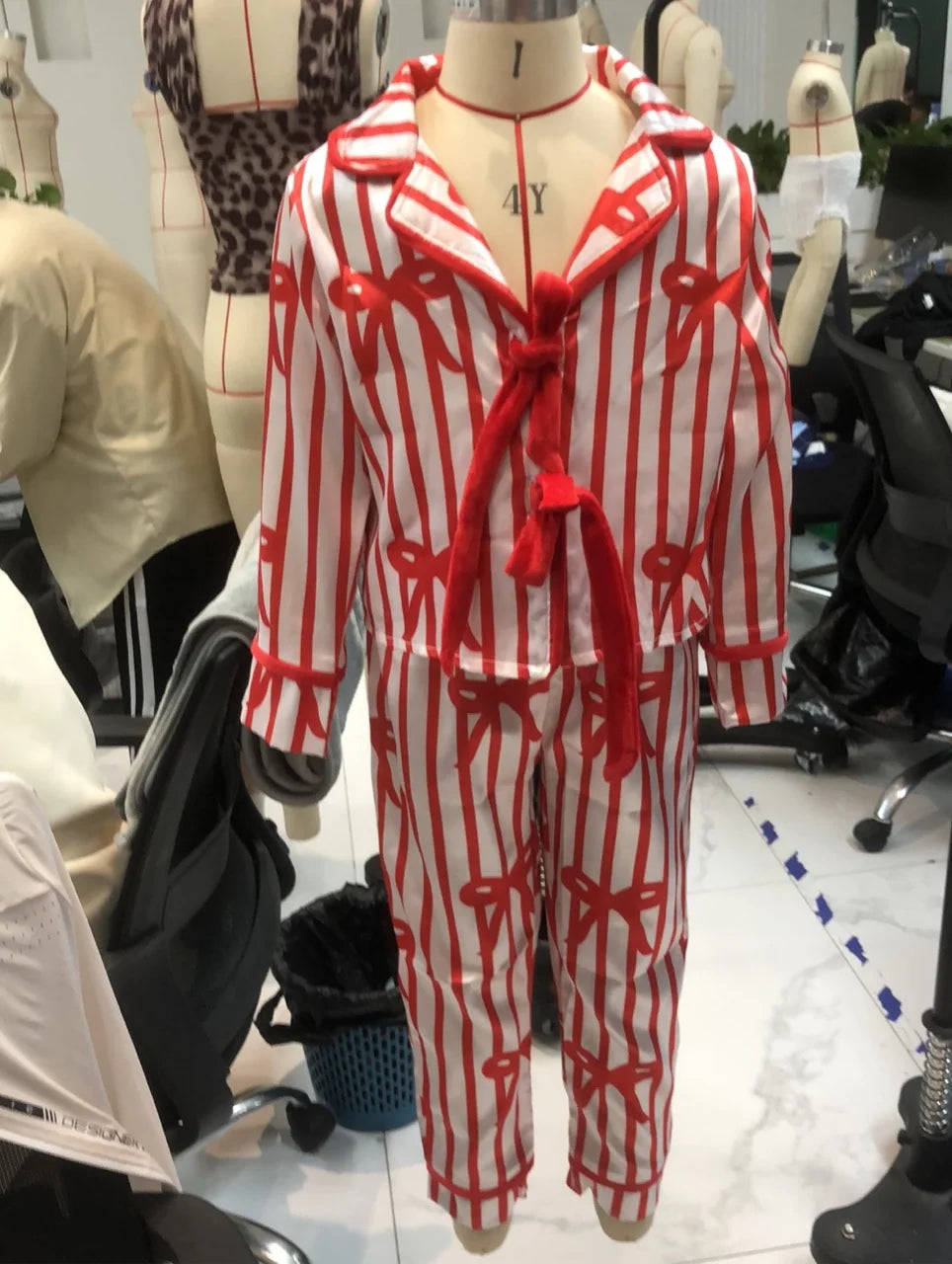 Mommy and Me Matching 2Piece Bow/Heart Print Pajamas Set Tie Front Long Sleeve Lapel Neck Tops+ Pants Family Matching Sleepwear