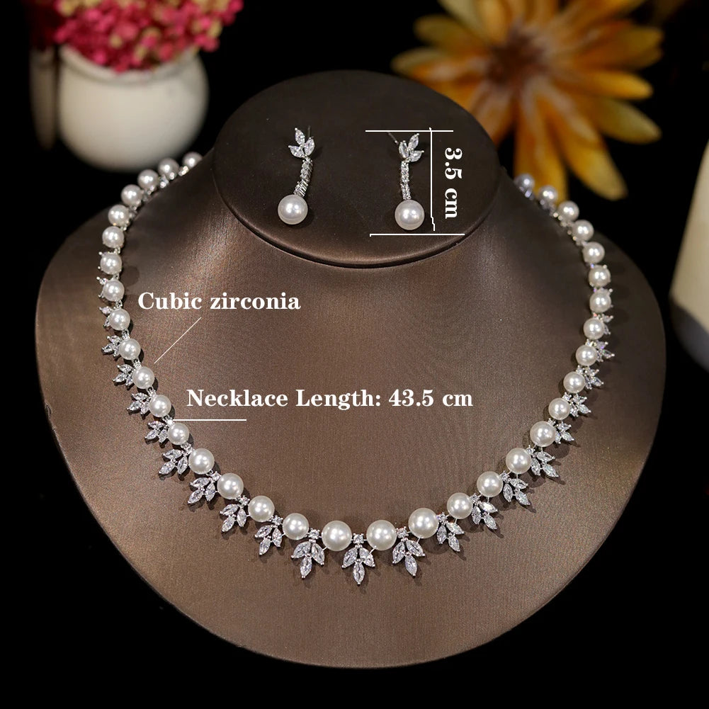 Luxury Pearl Necklace for Women – High-Quality Flower Shape Design with Clear Cubic Zirconia, 2-Piece Jewelry Set for Weddings, Parties, and Gifts