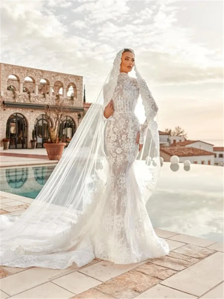 Curvy Mermaid Wedding Dress 2026 Traditional Long Sleeve Lace Bridal Gown