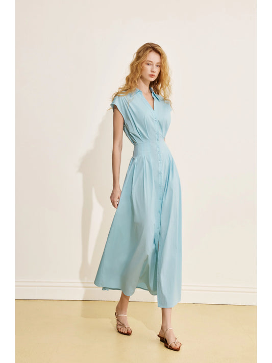 Women’s Light Blue Collared Midi Dress – Button-Front Fit-and-Flare Short Sleeve Dress - Blue - Size XS - Height|Ships... - HER SHOP®