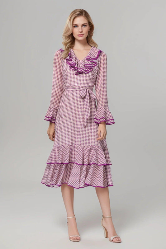 Elegant Vintage Houndstooth Midi Dress – Spring/Summer Fashion, Ruffle V-Neck with Belt, Casual Women’s Runway Design - HER SHOP