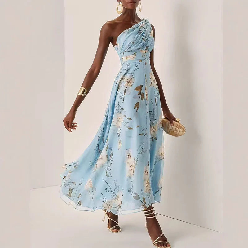 Skew Collar Backless Floral A-Line Summer Dress - As Picture - Size S - HER SHOP