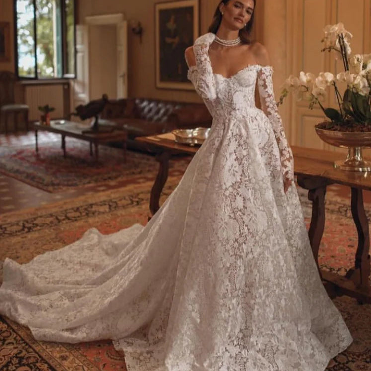 Luxury Vintage A-Line Lace Wedding Dress – Off-the-Shoulder, Long Sleeve, Chic & Customizable Bridal Gown