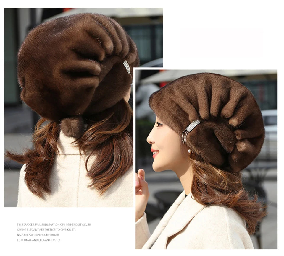 Whole Real Mink Fur Hat For Women's Caps Luxury Fashion Brand Real Fur Cap Christmas Hat Warm In Russian Winter Lady Fur Hat