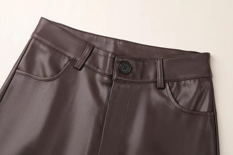 Fall Winter Fleece Loose Wide Leg Warm Leather Pants Women Button Pocket High Waist Thick PU Casual Straight Pants