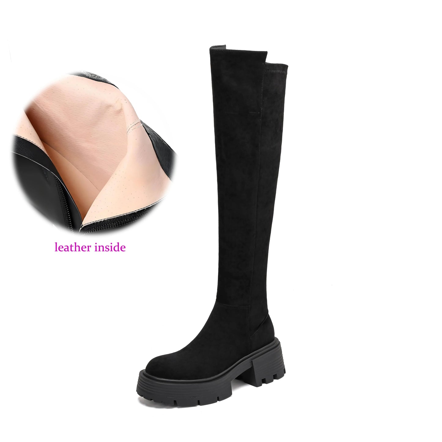 Flock Stretch Over-the-Knee Boots – Slip-On, Round Toe, Chunky High Heels, Elegant Modern Platform Style