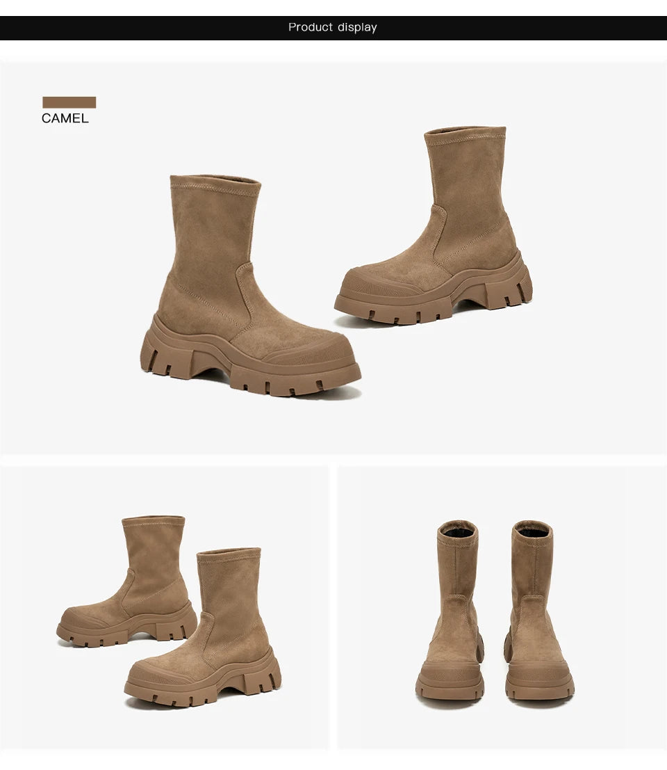 Women’s Stretch Fabric Sock Boots – Handmade Round Toe Slip-On Platform Boots in Solid Color