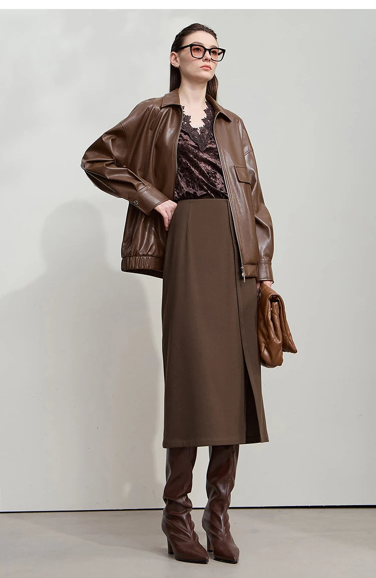 Minimalist Women's Brown Midi Skirt  |  2025 Autumn Retro Brushed Twill Side Slit Office Lady Skirt - HER SHOP